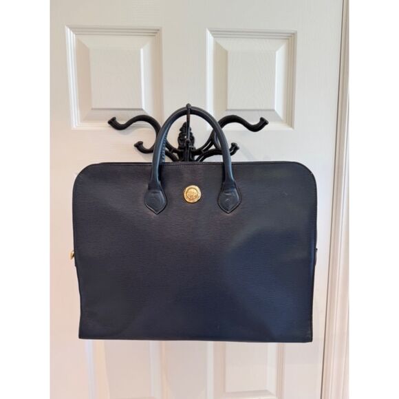 Authentic Chloé Navy Leather Briefcase Tote – Classic Gold Medallion Logo - Picture 1 of 3